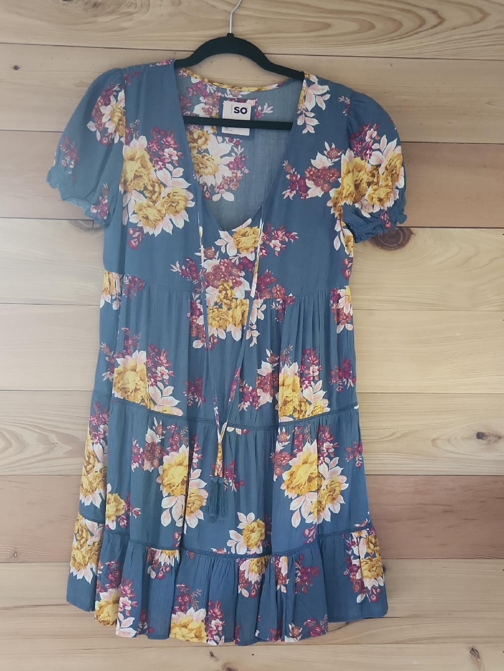 SO Blue Floral Dress with Yellow Trim